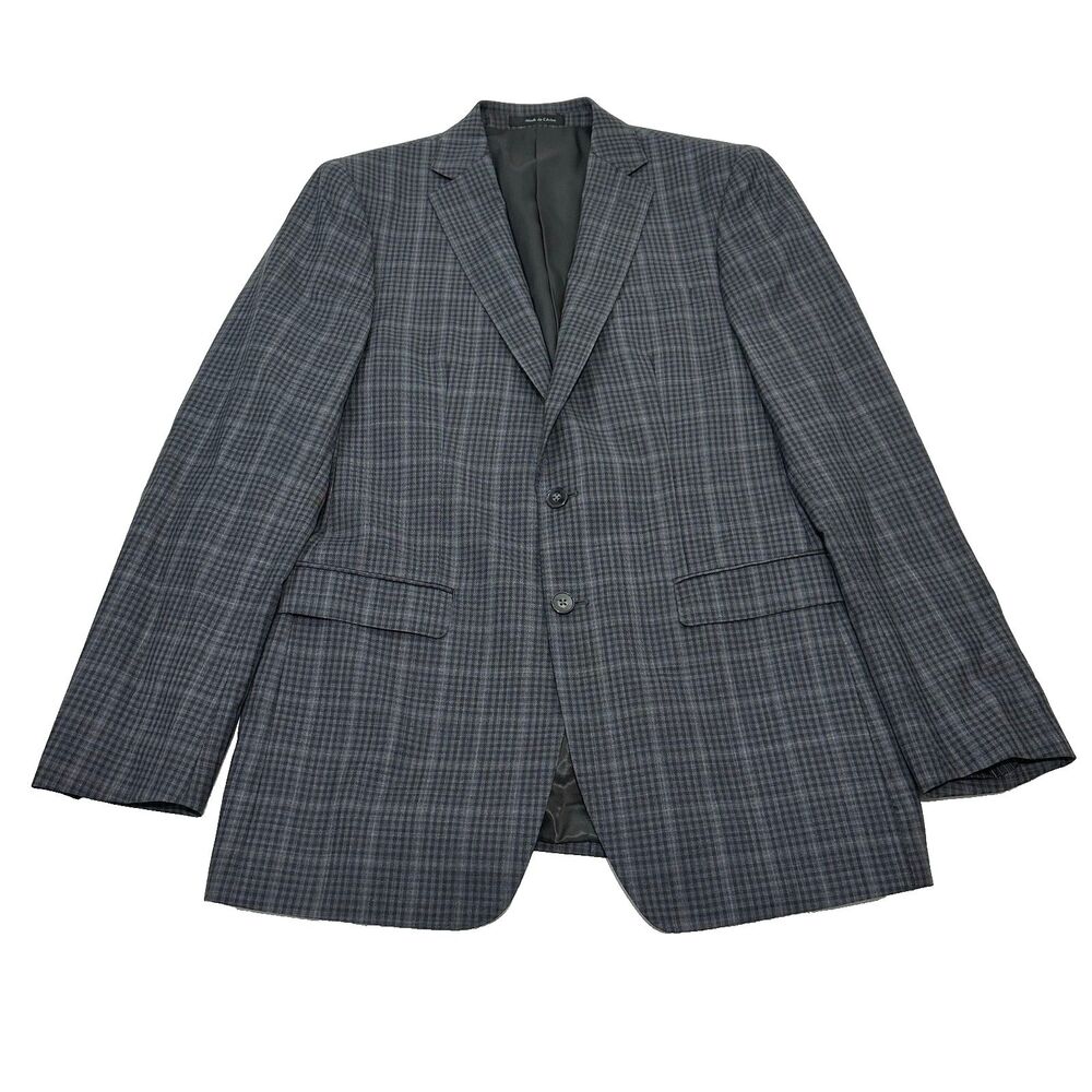 Calvin Klein Men's Blazer‎ Gray Plaid 100% Wool 2-Button Suit Jacket, Size 40L